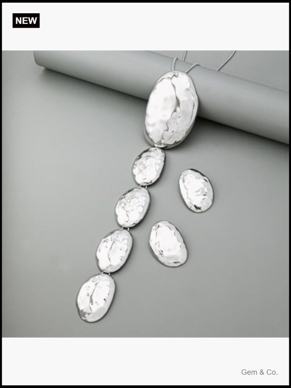 Long Oval Y Necklace Earring Set Hammered Geometric Statement Jewelry - Picture 5 of 7